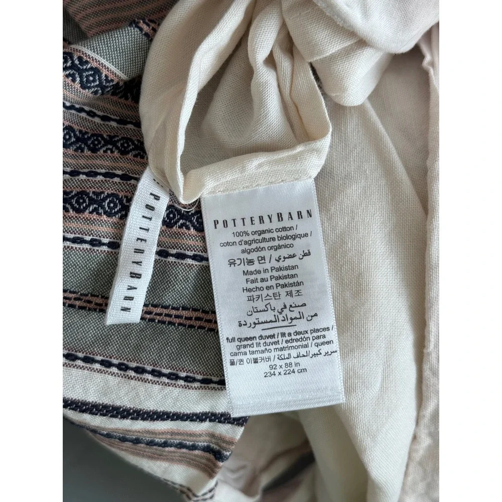 Pottery Barn Organic Cotton Striped Duvet Cover Set 2 Euro Shams Cream Sage Navy